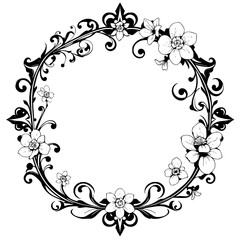 Black floral circular wreath of a frame with delicate flowers, twirling around an empty circle