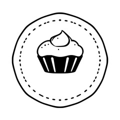 Black and white, minimalistic illustration of a cupcake in a round frame with dashed border.