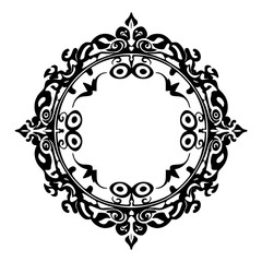 Black ornate circle frame with a floral design on a white background.