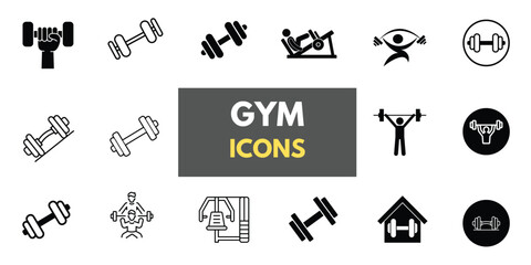 The gym and fitness icon set features a healthy lifestyle, weight training, body care, and exercise equipment icons. A solid vector collection of icons.