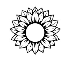 Black-and-white sunflower illustration of a complete flower, isolated on a white background, with the petals arranged around a central circle and a minimalist design.