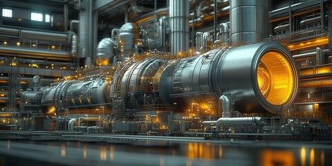 Industrial machinery in a modern production facility showing copper pipes and glowing components during operation