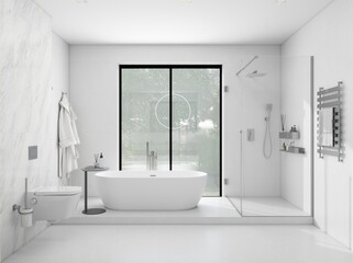 A modern bathroom with a sleek vanity, a large mirror, and a glass-enclosed shower. The minimalist design creates a clean and functional space