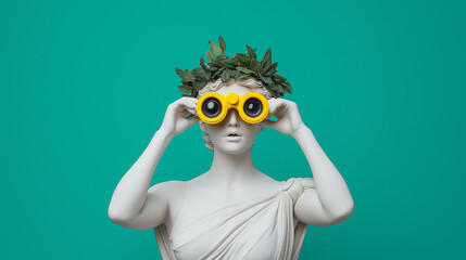 Fototapeta premium Statue of an ancient Greek goddess holds binoculars, expressing surprise. Trendy and stylish, she stands against a blue background, showcasing an intriguing and charming expression.