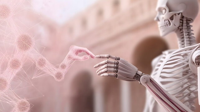 Robotic hand touches skeleton near ancient ruins, virus particles in background; medical illustration