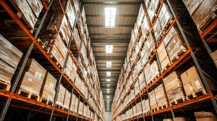 Fototapeta premium Spacious Warehouse Interior with High Shelving and Cardboard Boxes