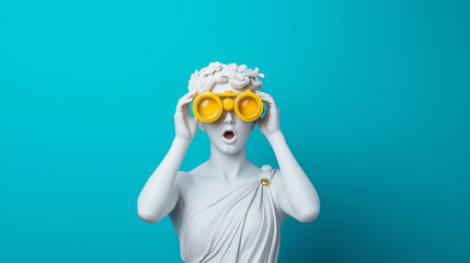 Statue of an ancient Greek goddess holds binoculars, expressing surprise. Trendy and stylish, she stands against a blue background, showcasing an intriguing and charming expression.