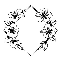 Black and white illustration of a floral frame featuring hibiscus flower and leaves. © MatandSterre