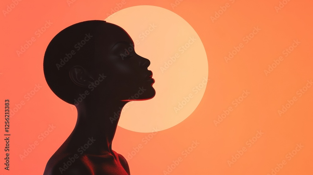 Poster silhouette of a model against a stunning sunset with glowing light in a minimalist style and space f