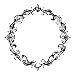Floral Ornament: A circular, symmetrical frame design with swirling lines and floral elements