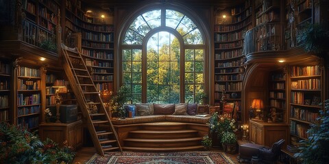 Obraz premium Cozy library with a large window overlooking a garden, featuring wooden shelves and warm lighting