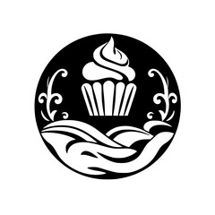 Black and White Cupcake Silhouette Within a Circle: A Creative Food Icon of a Cupcake, Featuring Swirls and Waves.