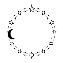 Celestial Circle: A crescent moon encircled by stars forming a halo, a stylized black and white depiction, on a white background.