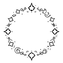 Starry Night's Circle:  A minimalist design of stars, crescents, and diamond shapes forming a circular border on a white background.