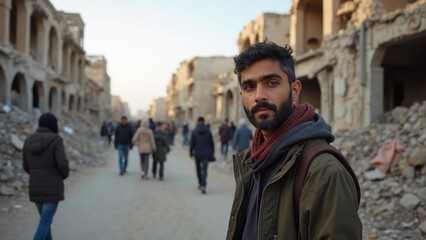 A Young Man Stands Amid the Devastation of a Damaged City, Looking Directly at the Camera