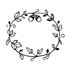 Autumnal Wreath, Elegant floral design with leaves and acorns, with a clean minimalist aesthetic.