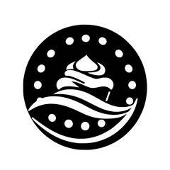 Simple and minimal black and white circle icon of a cupcake in a cup, a stylized logo with a cupcake design.