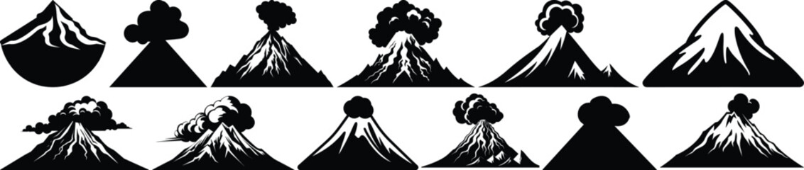 Volcano silhouettes set, mountain pack of vector silhouette design, isolated background © FutureFFX