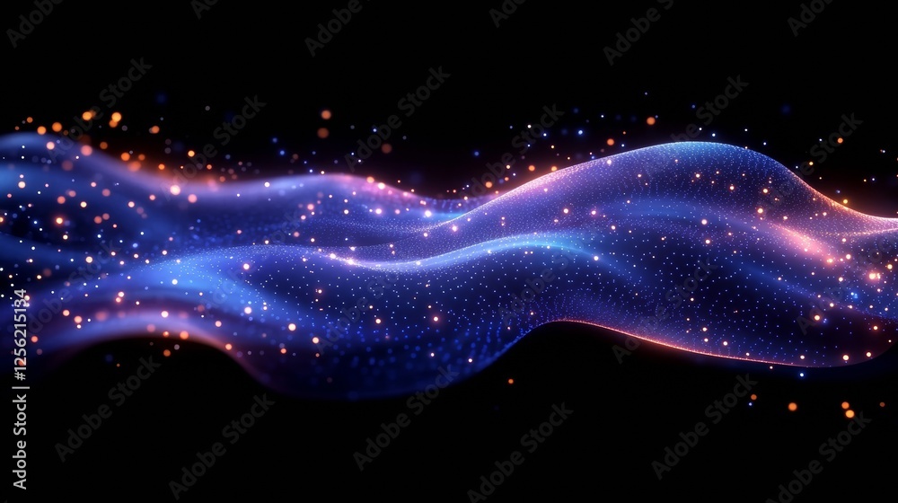 Poster Abstract Glowing Particle Wave: A mesmerizing display of blue and orange luminous particles flowing dynamically against a stark black backdrop, creating an ethereal wave.
