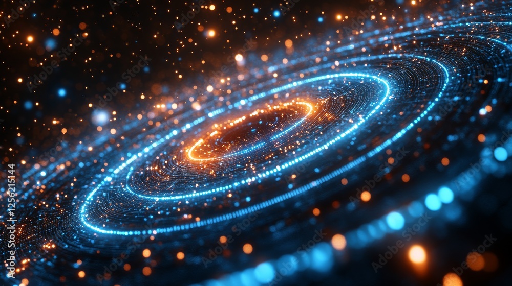 Poster Abstract Glowing Spirals: An Energetic Display of Circular Light Patterns and Sci-Fi Element, Featuring Blue and Orange Particles on a Dark Background