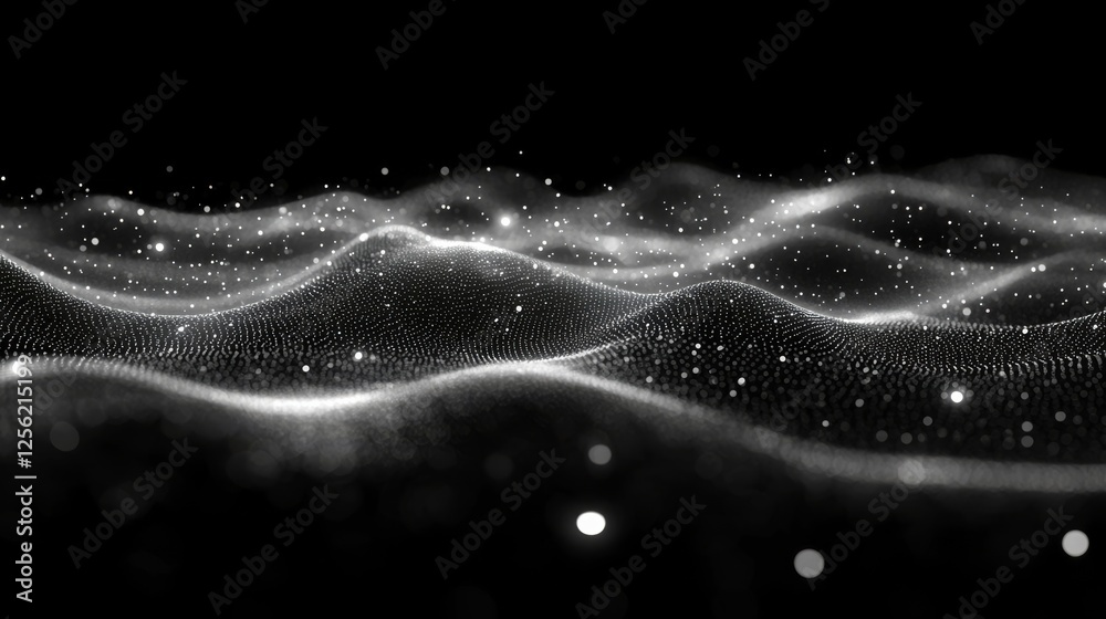 Poster Abstract Waveform: Dotted Surface with Glowing Particles in a Dark Space - Represents Technology, Data, and Futuristic Design with Motion and Depth