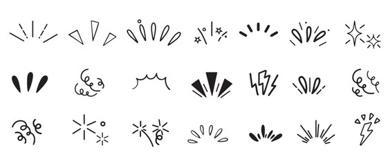 Line confetti exclamation icon elements. Cartoon doodle of bomb explosion with sparks and confetti. Hand drawn confetti explosion burst ray, spark exclamation emphasis ray twinkle starburst decoration