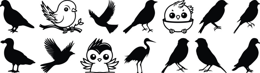 Bird silhouettes set, animal pack of vector silhouette design, isolated background