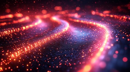 Abstract Red Lights Flowing in Wavy Pattern, Futuristic Technology Background with Glowing Particles and Bokeh Effect, representing digital data streams