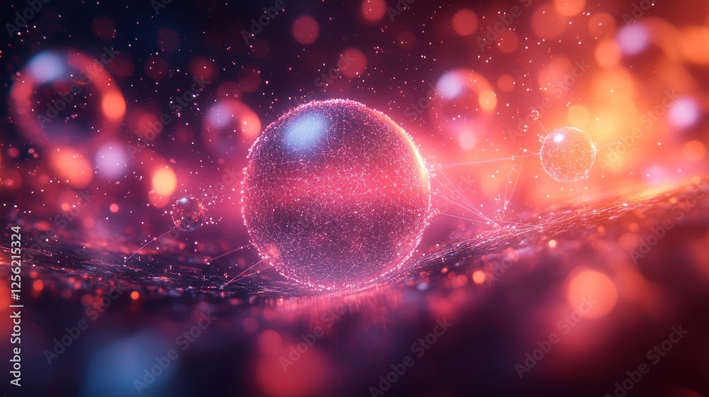 Poster Connected Network: Luminous Spheres Linked by Threads of Light in a Blurred Red and Purple Cosmos, Illustrating the Interconnectedness of Data and Information