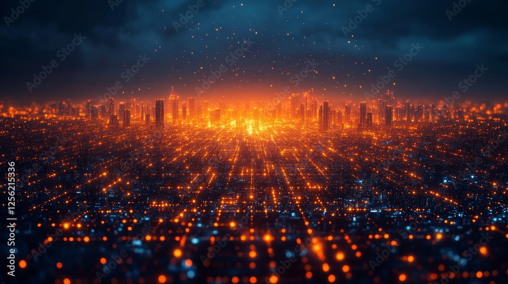 Poster cityscape at night: a glowing metropolis under a dark sky, illuminated by countless lights, creating