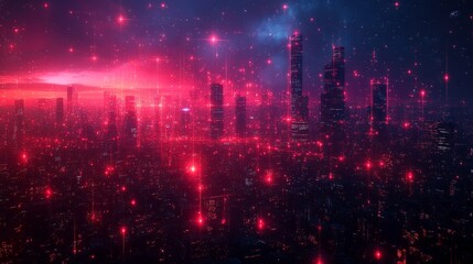 Fototapeta premium Crimson Zenith: A Neon-Infused Metropolis at Twilight, Pulsating with Cybernetic Veins Under a Star-Dusted Sky, Where Technology and Urbanity Converge.