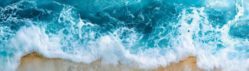 Waves crashing on the shore with clear water and white foam under bright sunlight