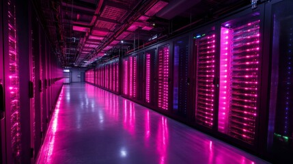Fototapeta premium Data Center Hallway: Rows of Servers and Network Equipment Glowing with Pink and Purple Lights, Reflecting on the Floor in a Modern Technological Setting