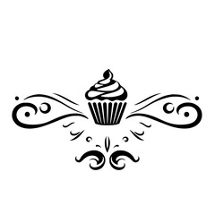 Black and white elegant minimalist illustration of a cupcake in a whimsical ornamental design, on a white background.