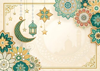 Elegant Lanterns with Mandalas. Ornate Islamic Lantern Design. Ramadan decorative Frame. Gold and Teal Lantern Pattern.