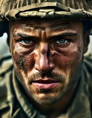 Close-up of a soldier's face, showing determination and strength. The soldier's battle paint and expression reflect the hardships and challenges faced during combat, embodying bravery and endurance.
