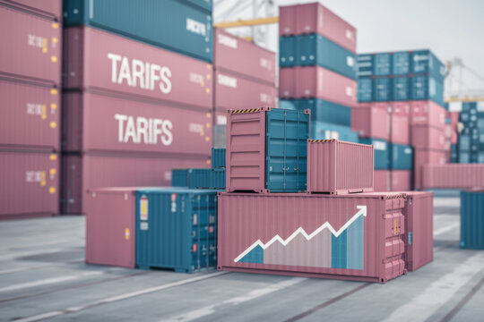 white text "TARIFS" in foreground shipping containers in the background, US foreign policy 
