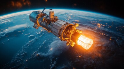 Spacecraft Ignition: A Satellite Burns Brightly Against the Earth, Propulsion Blaze Illuminating the Night Over Urban Cityscapes from Orbit