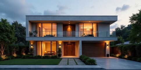 Obraz premium Modern Two-Story Home with Warm Evening Lighting, Landscaped Grounds, and Attached Garage