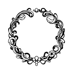 A circular, ornamental frame in black and white, a floral patterned design.
