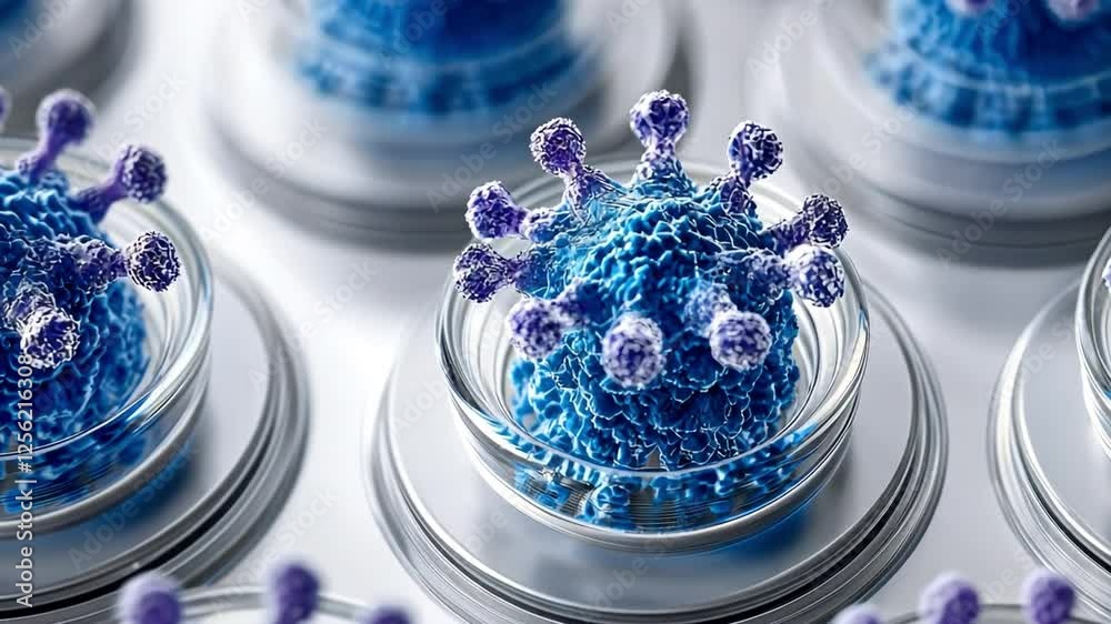 Poster virus sample under research: a close-up shot reveals a detailed model of a virus contained within a 