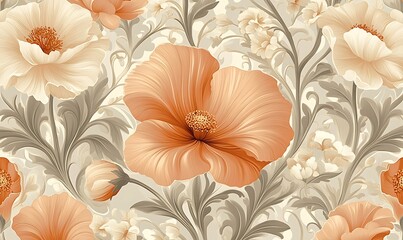 Seamless pattern of peach and beige poppies and ornate leaves on a light beige background.