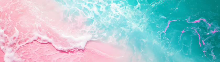 Bright turquoise water meets white sand, enhanced by imagined neon pink outlines on the waves