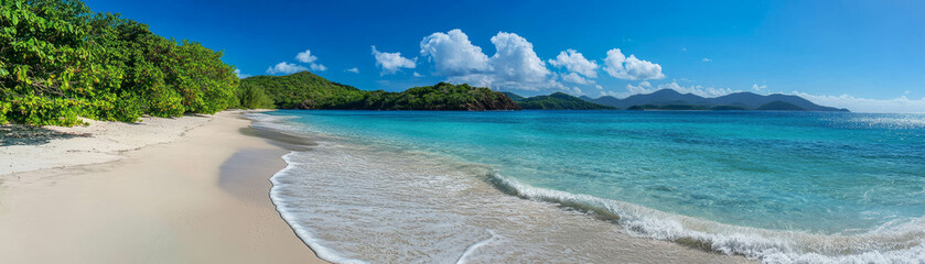 Fototapeta premium Serene white sand beach with turquoise water under a bright blue sky and gentle waves