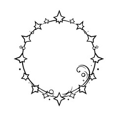 Circular Star Frame: Decorative design adorned with stars, swirls, and clean black lines on a white background.