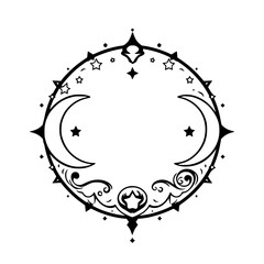 Celestial Circular Frame with Crescent Moons and Stars - Monochrome Geometric Vector Design.