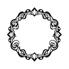 Intricate ornamental circular black line art frame, showcasing elegant floral design and a minimalistic style.