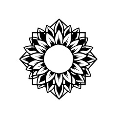 Geometric Mandala Sunflower Illustration, Black and White Mandala.