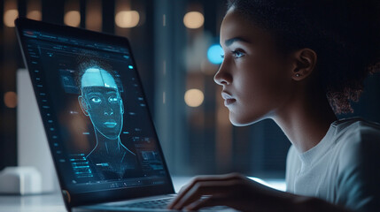 Young girl works with loptop. Artificial intelligence interface for facial recognition in modern technology settings. AI integration, work at home