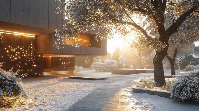 Modern building with warm lights and a snowy landscape at sunrise, featuring illuminated trees and serene winter scenery - Powered by Adobe